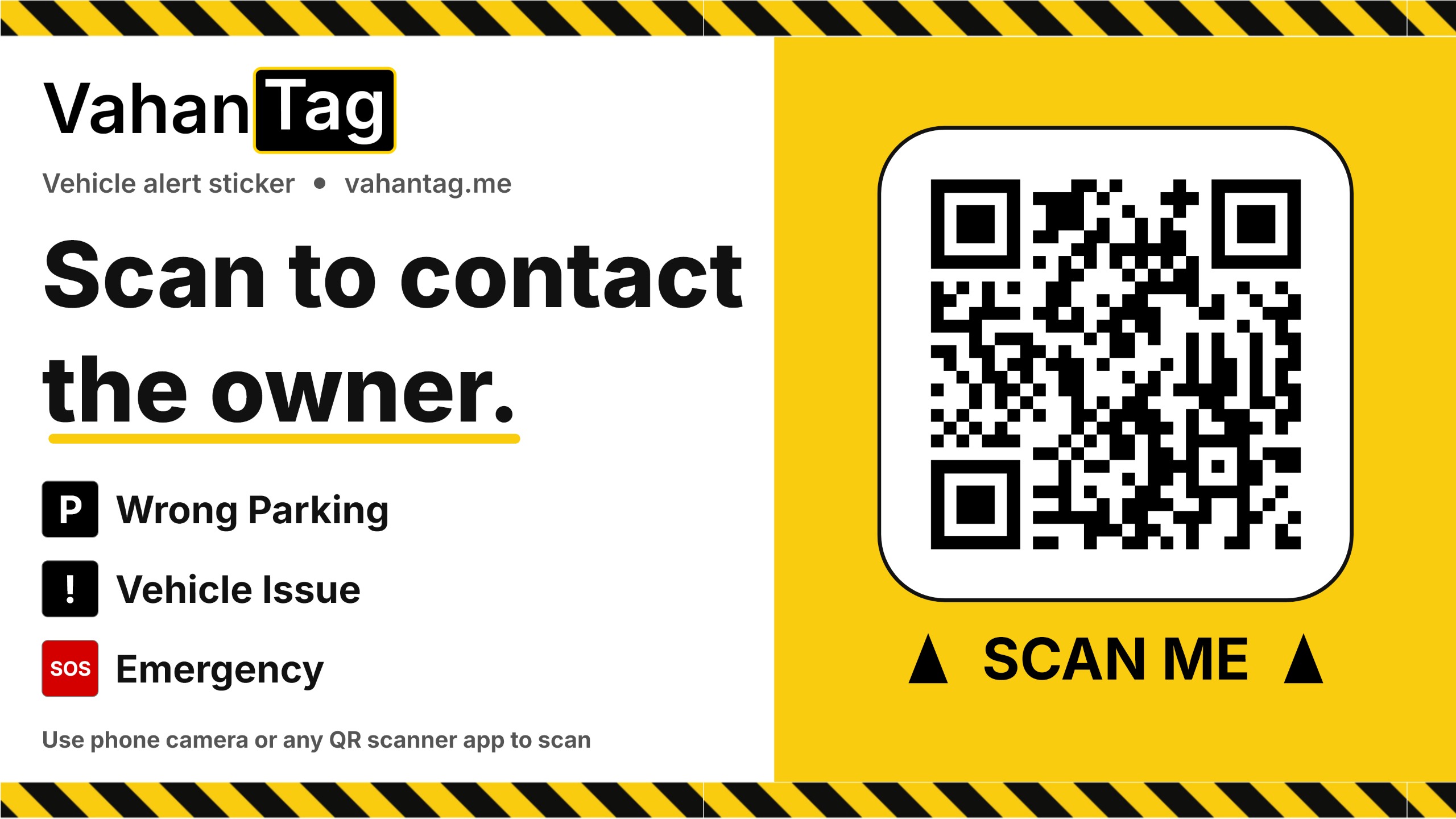 VahanTag QR vehicle contact sticker with hazard stripes and scan-ready QR code