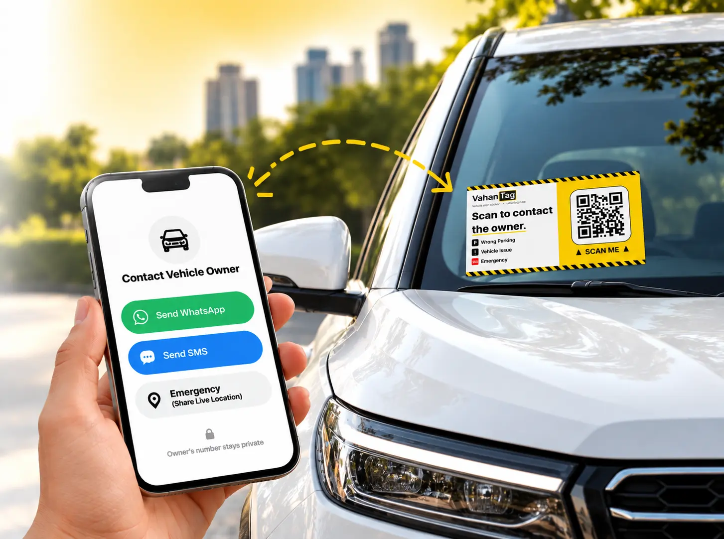 VahanTag QR sticker on a car with phone showing contact screen